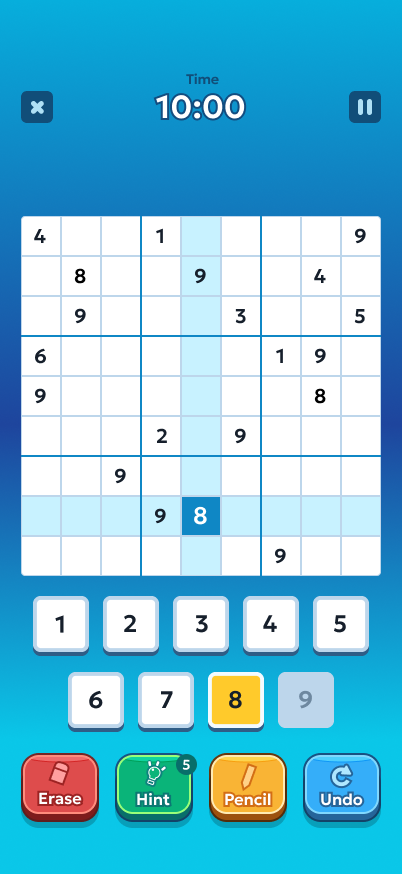 Sudoku gameplay screen